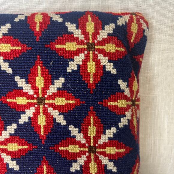 Vintage Navy Blue Red Geometric Petit Point Cushion Pillow Foam Insert Handmade - Picture 6 of 10